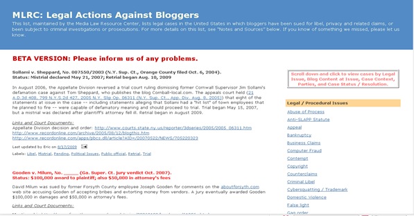 MLRC:  Legal Actions Against Bloggers