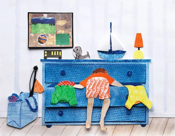 paper collage book page illustration of young boy bent over dresser drawer in his room gathering items to take swimming
