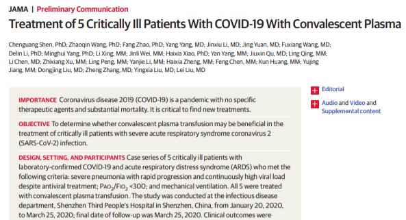 Captura de pantalla del artículo. Treatment of 5 Critically Ill Patients With COVID-19 With Convalescent Plasma.