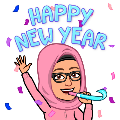 Bitmoji with the words "Happy New Year" and confetti