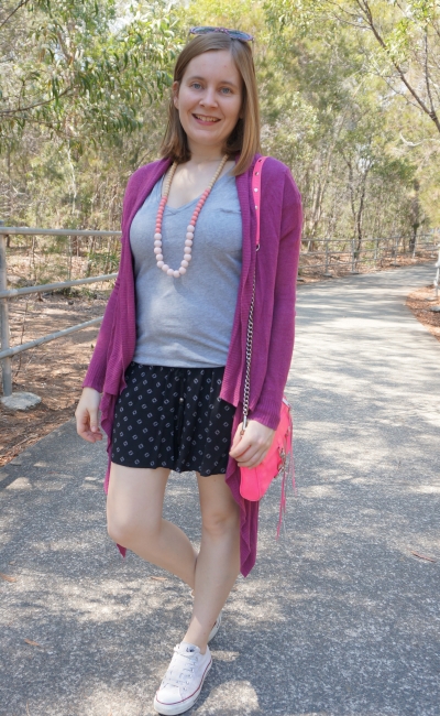 magenta cardigan with pink accessories grey tee and printed shorts converse spring mum outfit | awayfromblue