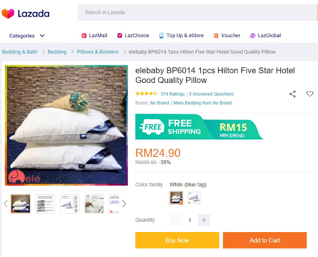 Peniaga D jual Bantal Hotel Hilton di LAZADA pada harga RM24.90 seunit