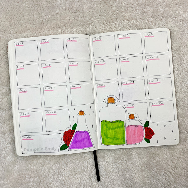 A two weekly spread with potion bottles and roses on the bottom.