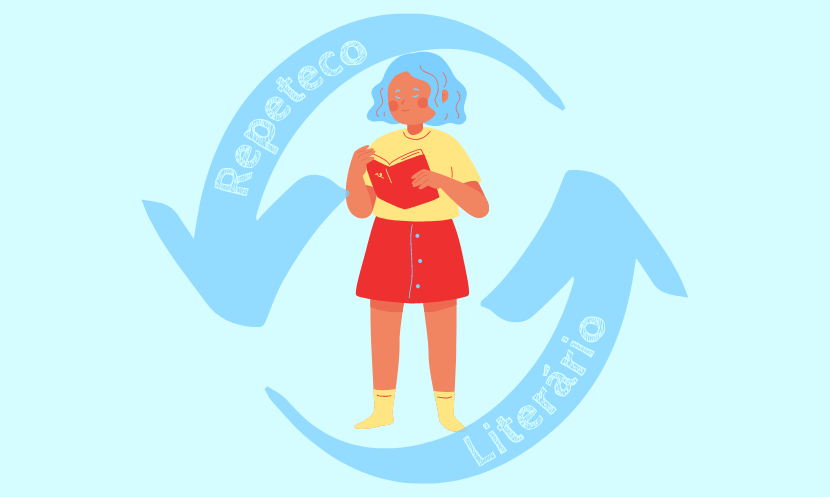 Repeteco Literário - Ilustração de uma garota lendo um livro e duas grandes flechas envolta dela em sinal de repetição