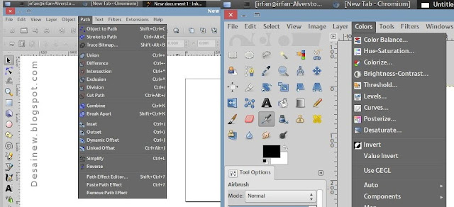 Tampilan gambar menu dengan icon di Linux Ubuntu 12.04 (Inkscape dan Gimp)