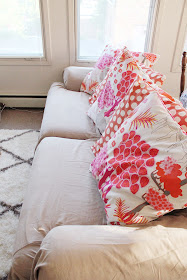 DIY, couch, makeover, home, decor, interior design, textiles, style, pillows, pink, orange
