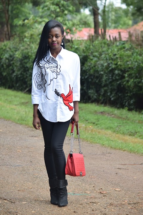 Embroidered Figure And Bird Batwing Shirt