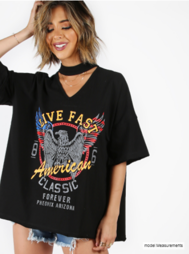  Choker V-Neck Drop Shoulder Print Tee