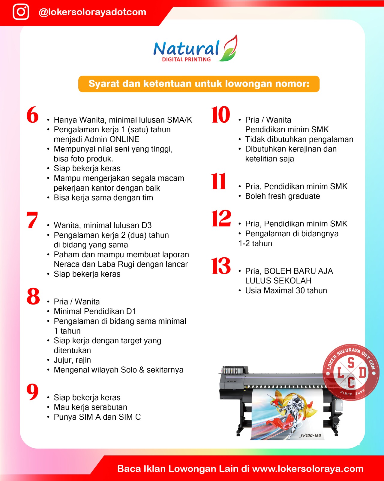 Loker Solo, Jogja, Semarang, Jakarta di Natural Digital Printing