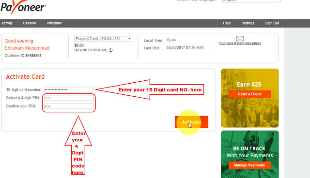 activate your Payoneer Master Card