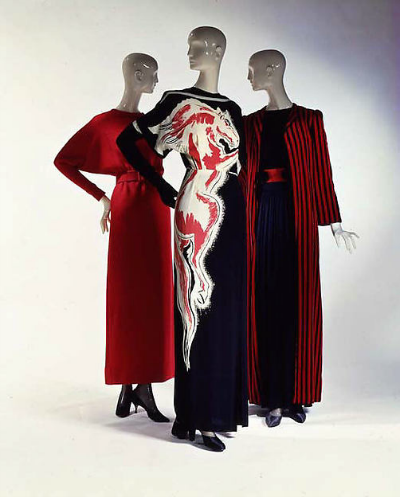 Three dresses on mannequins for Norman Norell Fall/Winter 1954-1955