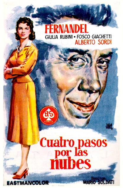 CUATRO PASOS POR LAS NUBES. Programa de mano. España. Diseño: Francisco Fernández-Zarza "Jano". CUATRO PASOS POR LAS NUBES. Era di venerdi 17. 1956. Italia, Francia. Dirección: Mario Soldati. Reparto: Fernandel, Giulia Rubini, Fosco Giachetti, Leda Gloria, Andrex, Renato Salvatori, Jean Brochard, Tina Pica, Alberto Sordi.