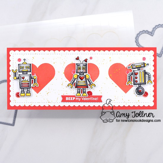 Beep my Valentine by Amy features Love Bots, Slimline Frames & Portholes, Slimline Masking Hearts, and A7 Frames & Banners by Newton's Nook Designs; #inkypaws, #newtonsnook, #valentinescards, #cardmaking