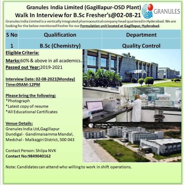 Granules India | Walk-in interview for Freshers on 2nd Aug 2021