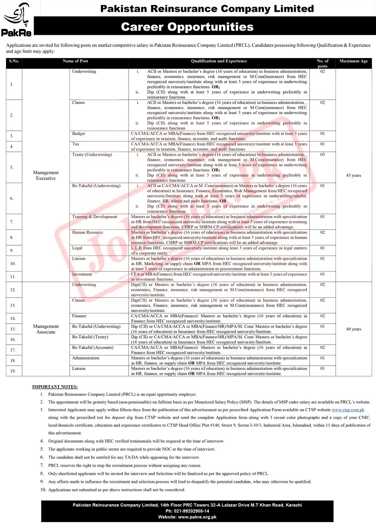 Pakistan Reinsurance Company Limited PRCL Jobs 2023 - Latest Advertisement