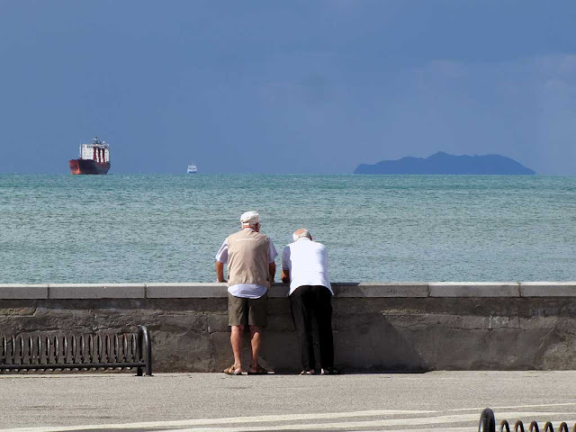 Watching the sea from the Rotonda, cargo ship Sakala, Gorgona island, Livorno