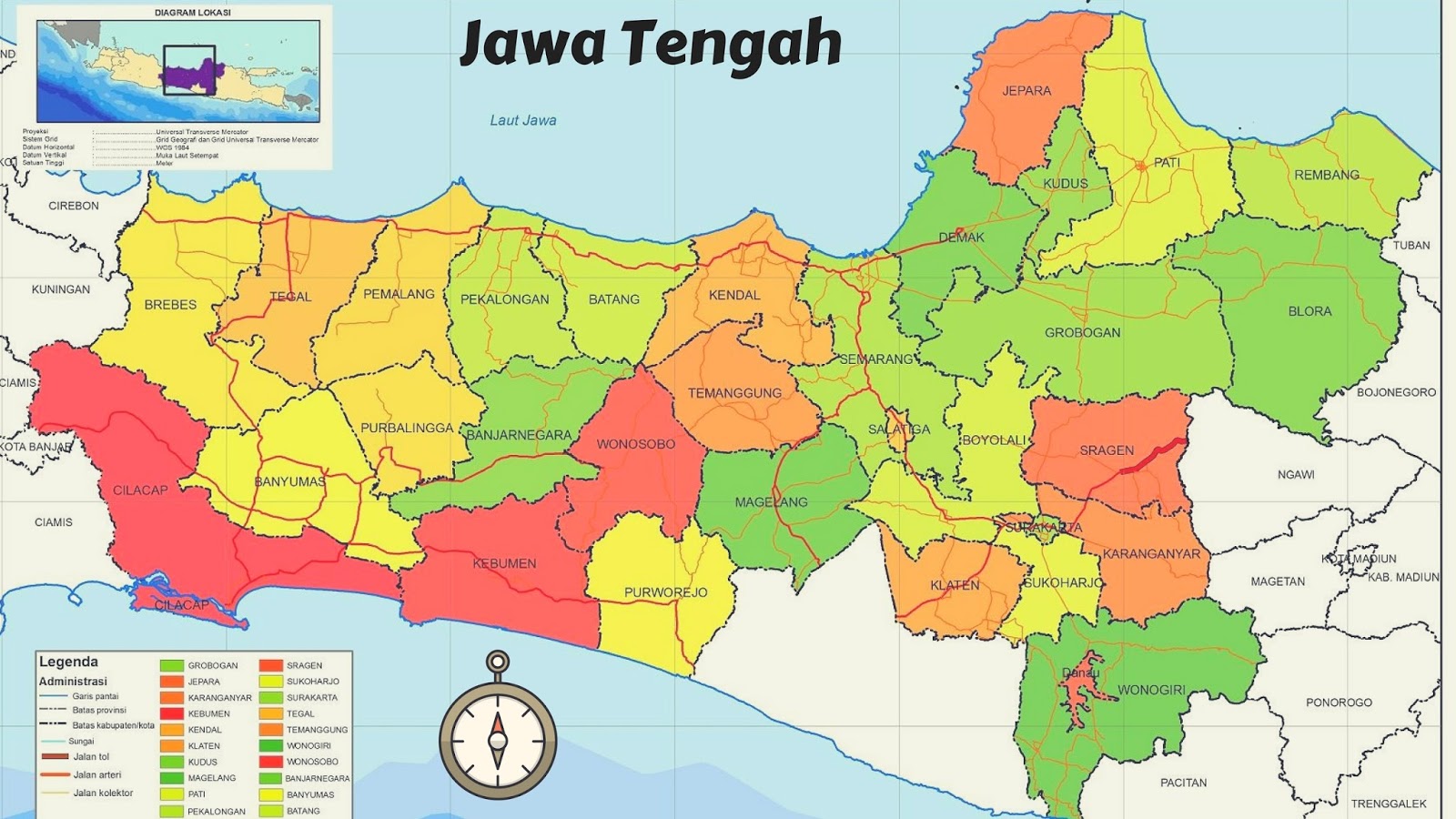 Peta Jawa Tengah dan Nama Kabupaten dan Kota HD