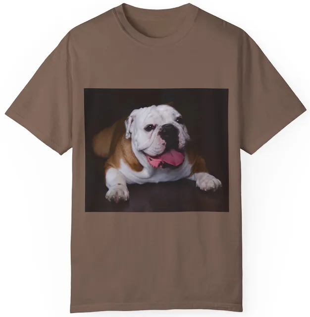 Unisex Garment Dyed Comfort Colors T-Shirt With Cute Pale Tan and White Bulldog Sitting On The Wooden Floor Mouth Opened