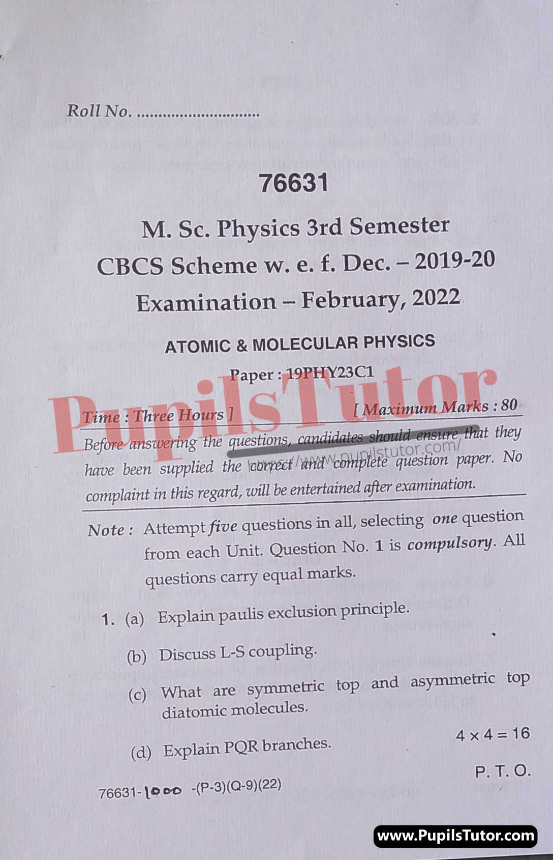 MDU (Maharshi Dayanand University, Rohtak Haryana) MSc Physics CBCS Scheme Third Semester Previous Year Atomic And Molecular Physics Question Paper For February, 2022 Exam (Question Paper Page 1) - pupilstutor.com