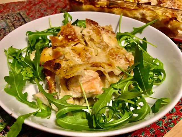 Seafood lasagne with salmon, sea bass and prawns