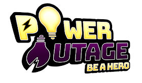 The words "Power Outage: Be a Hero" in yellow and purple. The O's in Power Outage are lightbulbs, one of which is broken. In the P, the hollow space is a lightning bolt.