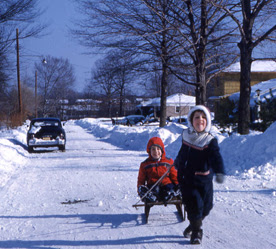 Girl Boy Sledding on Vintage Snow Sled