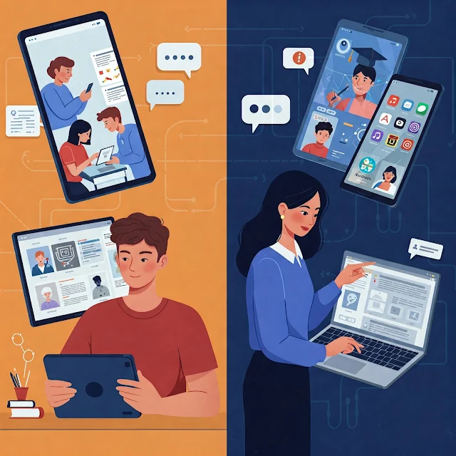 Siswa belajar menggunakan aplikasi pembelajaran online dengan teknologi modern.