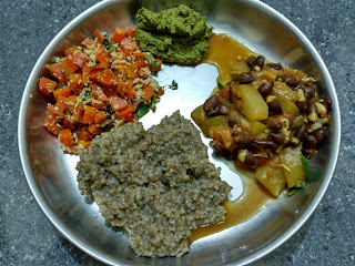 Boiled Pearl millet sprouts, Carrot poriyal, Bottle gourd Lima bean sprouts curry