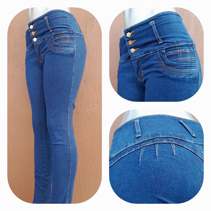 Jeans Tono azul americano con pretina ancha, 3 botones.