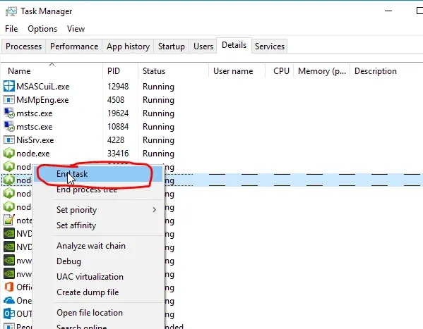 Kill NodeJs application using end task