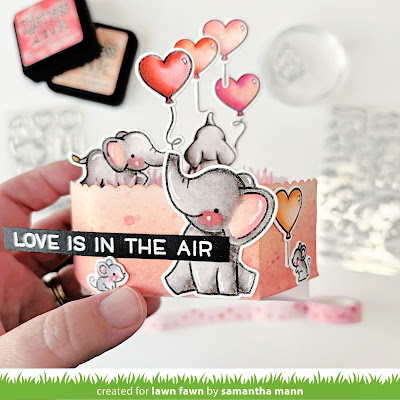 Love is in the Air Card by Samantha M for Lawn Fawn, Platform Pop-Up, Valentine's Day, Card Making, Distress Inks, Ink Blending, Die Cutting, Elephant, #lawnfawn #distressinks #inkblending #cardmaking #handmadecards #elephant #valentinesday #love #platformpopup