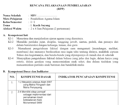 Download contoh format RPP PAI SD MI Kelas 1 2 3 4 5 6 Kurikulum 2013 Revisi 2018