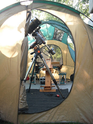 Kendrick observing tent in backyard, looking in the east door