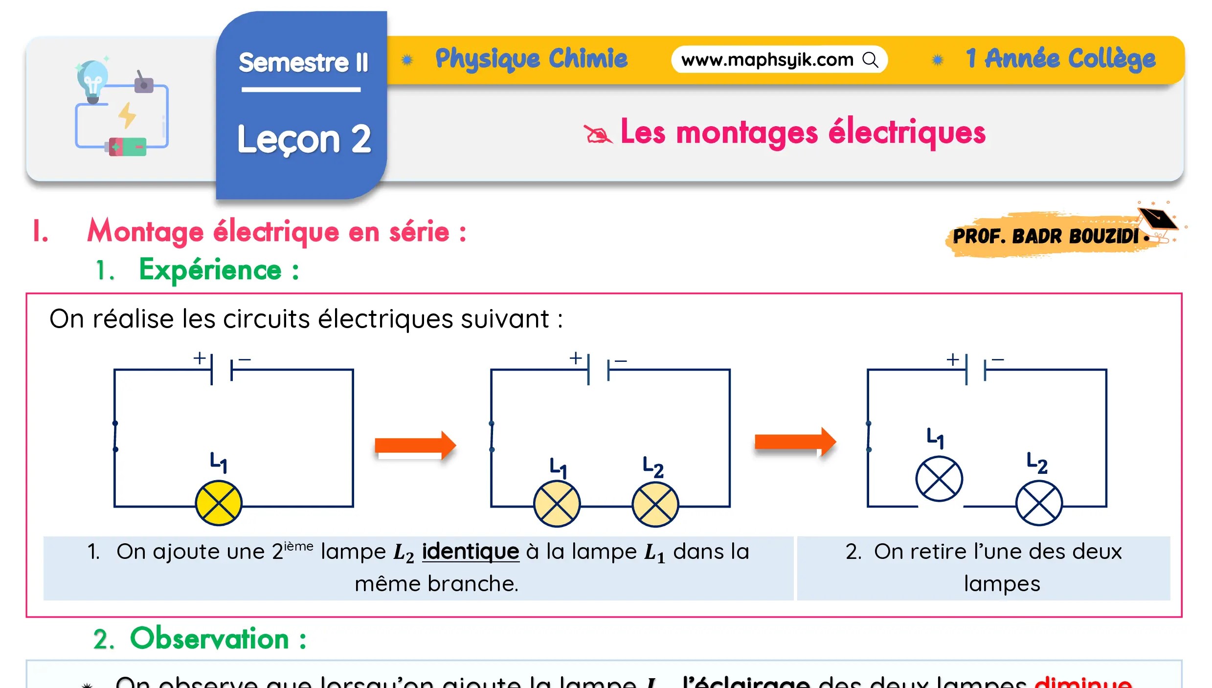 Leçon 2 : Les montages électriques   | Physique chimie | 1 Année Collège