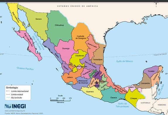 Mapa de la Republica Mexicana a Color con Nombres y con División Política