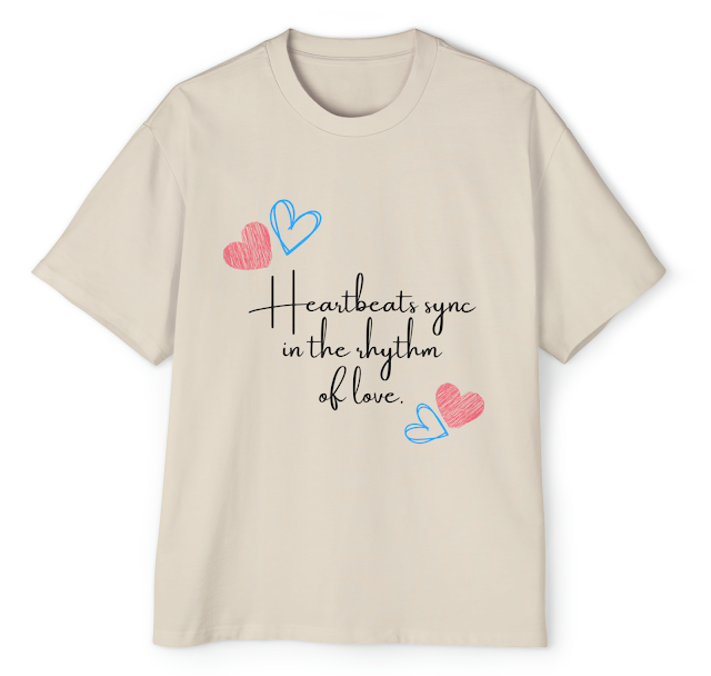 Men's Heavy Oversized T-Shirt With White Valentine Day and Quote Heartbeats Sync in the Rhythm of Love