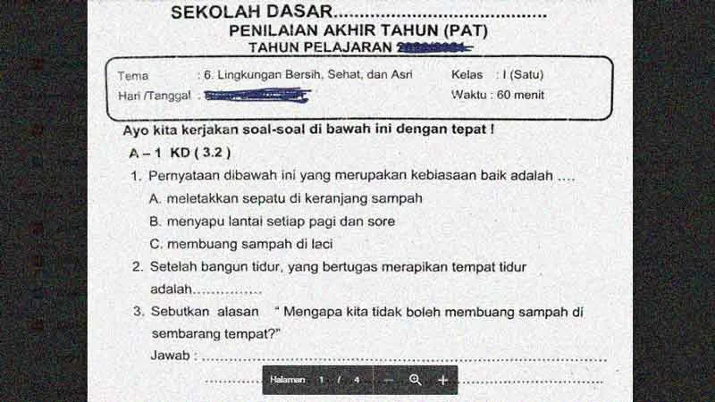 Soal Penilaian Akhir Tahun Kelas 1 Tema 6 - Lingkungan Bersih, Sehat, dan Asri