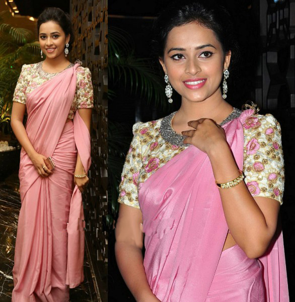 Sri Divya in Pink Plain Saree and Designer Blouse