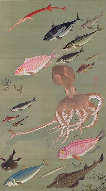 Ito Jakuchu / 伊藤若冲 (1716- 1800) Poissons, extrait de Le royaume coloré des êtres vivants  Impression sur soie, 1765- 66 (Edo) Collection privée