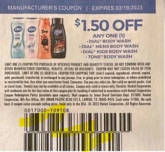 $1.50/1 Dial Body wash Coupon from "SAVE" insert week of 3/5/23.