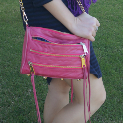 navy striped dress and Rebecca Minkoff Mini 5 zip in pink iris with gold hardware crossbody | awayfromblue