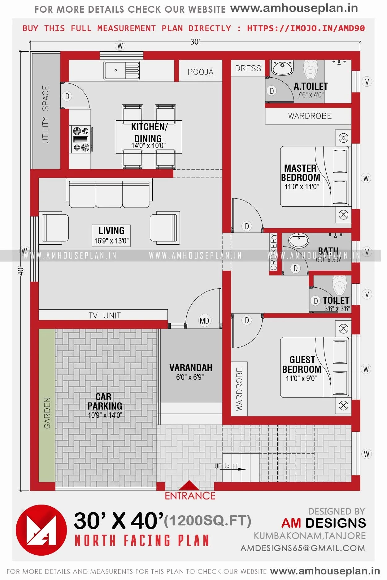 30 x 40 House plan Design for 1200 Square feet