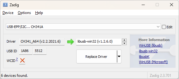 Install or replace driver with Zadig