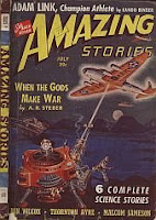 Front cover image of Amazing Stories magazine, July 1940 issue. A painting by Robert Fuqua, depicting a scene from the story When the Gods Make War by A R Steber.