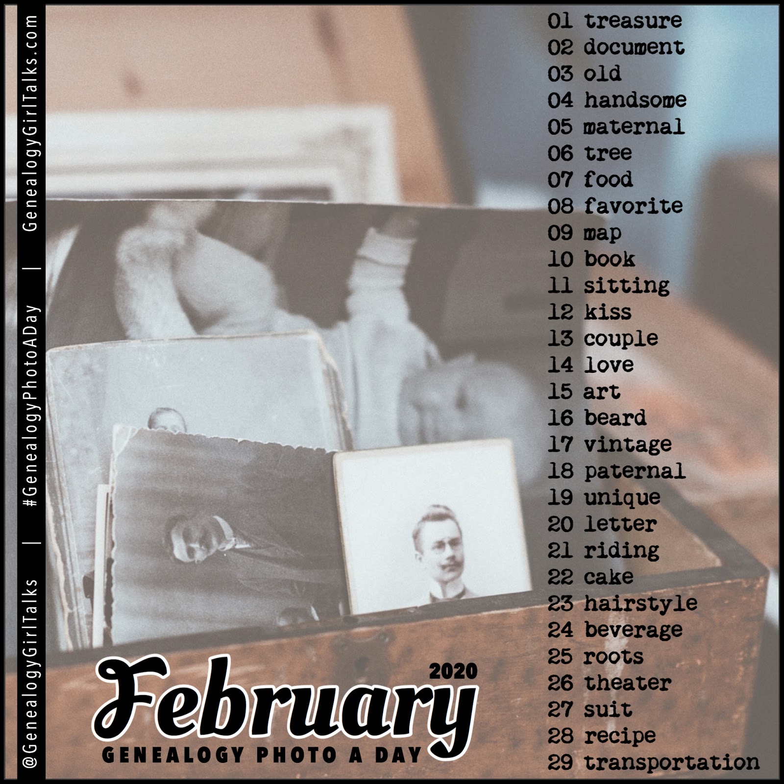 February 2020 Genealogy Photo A Day daily prompts from Genealogy Girl Talks #Genealogy #FamilyHistory #GenealogyPhotoADay