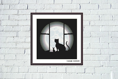 Black cat, mouse and moon cross stitch Cute animals embroidery - Tango Stitch