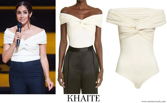 Meghan Markle wore KHAITE Cerise off-the-shoulder knotted stretch-cotton jersey bodysuit