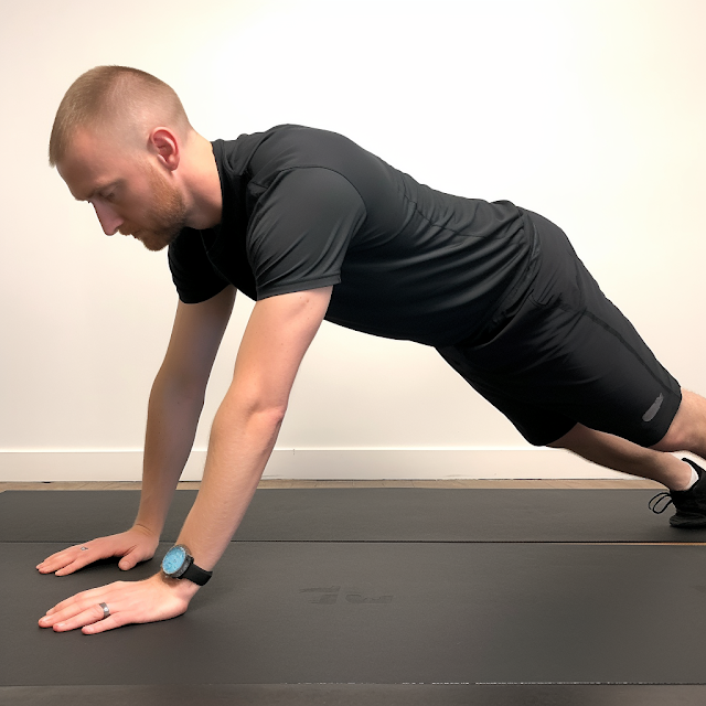 Someone executing a flawless push-up, hands slightly wider than shoulders, body in a straight line from head to toe, and elbows bent at 90 degrees.