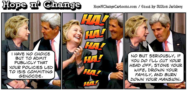 obama, obama jokes, political, humor, cartoon, conservative, hope n' change, hope and change, stilton jarlsberg, isis, genocide, kerry, hillary