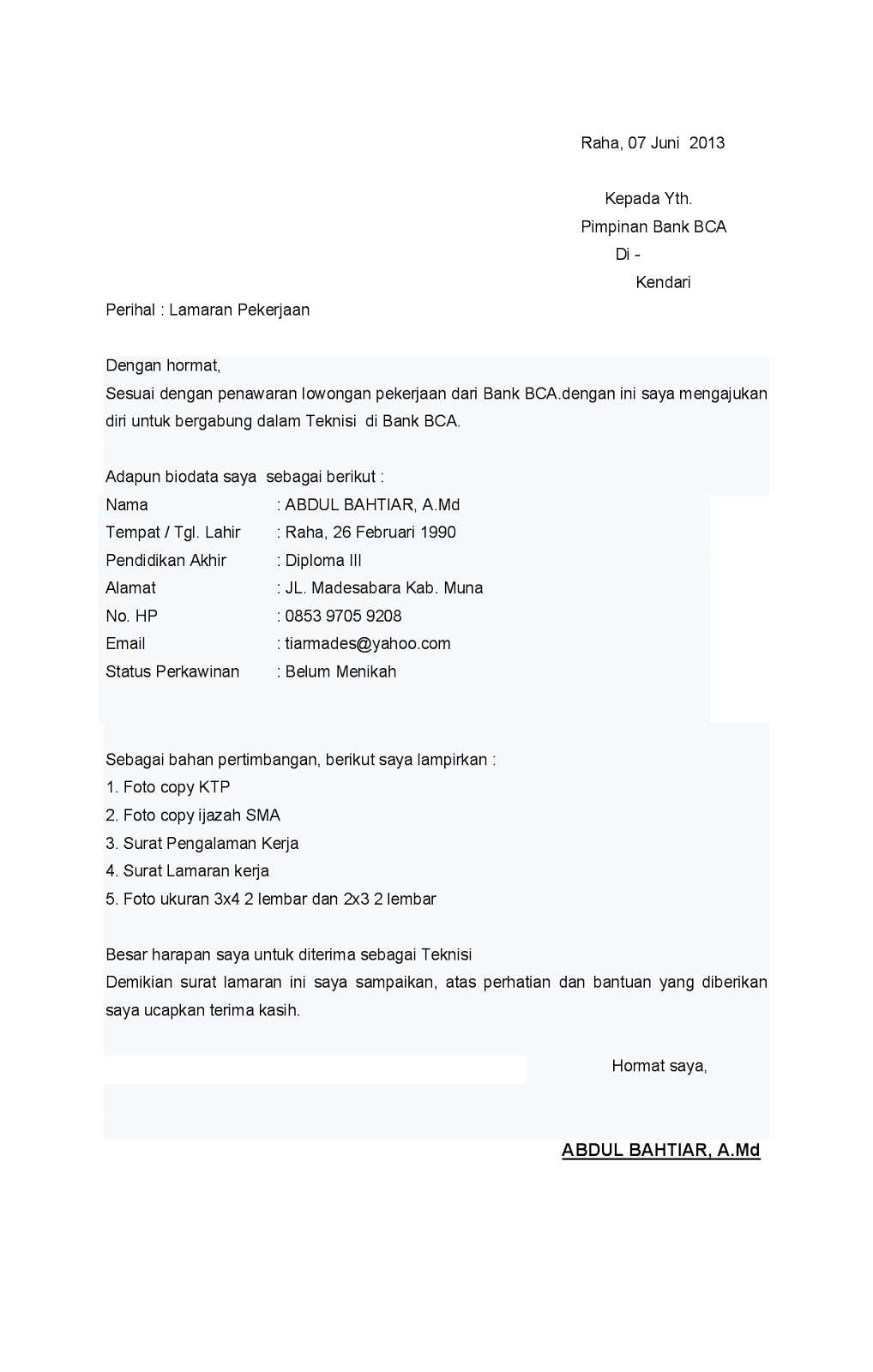 Surat Lamaran Kerja Bank BCA - ben jobs